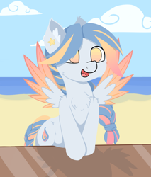 Size: 966x1134 | Tagged: safe, artist:rhythmpixel, derpibooru import, oc, oc only, oc:seashore swirl, pegasus, pony, beach, braid, braided ponytail, braided tail, chest fluff, cloud, colored wings, cutie mark, ear fluff, female, happy, hooves, lineless, mare, open mouth, solo, spread wings, wings