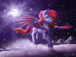 Size: 1024x768 | Tagged: safe, artist:novaintellus, oc, oc only, oc:red snow, pony, commission, flying, jewelry, looking at you, moon, necklace, night, scenery, snow, solo, spread wings, wings, winter
