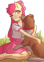 Size: 905x1280 | Tagged: safe, artist:glorious-rarien, derpibooru import, apple bloom, winona, anthro, dog, earth pony, unguligrade anthro, bow, clothes, cute, female, filly, hair bow, hug, kneeling, licking, licking face, one eye closed, shirt, skirt, tongue out