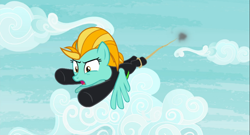 Size: 2923x1573 | Tagged: safe, derpibooru import, screencap, lightning dust, pegasus, pony, the washouts (episode), clothes, cloud, female, flying, mare, rope, sky, smoke, solo, uniform, washouts uniform, wings