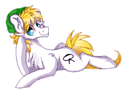 Size: 352x250 | Tagged: safe, artist:woonborg, derpibooru import, oc, oc only, earth pony, pony, :p, animated, chest fluff, commission, digital art, ear fluff, happy, hat, looking sideways, male, pixel art, prone, silly, simple background, smiling, solo, stallion, tongue out, transparent background