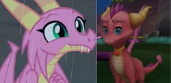 Size: 1905x932 | Tagged: safe, derpibooru import, edit, screencap, scales (character), dragon, the hearth's warming club, comparison, dragoness, ember (spyro), female, heart, jewelry, necklace, spyro the dragon