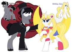 Size: 1280x900 | Tagged: safe, artist:faith-wolff, derpibooru import, pony, fanfic:the bridge, crossover, curved horn, darien shields, fanfic art, female, male, mare, ponified, sailor moon, simple background, stallion, transparent background, tuxedo mask