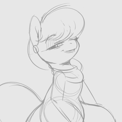 Size: 724x723 | Tagged: safe, artist:tre, derpibooru import, ms. harshwhinny, earth pony, pony, ear piercing, earring, female, grayscale, jewelry, looking at you, mare, monochrome, piercing, sketch, solo