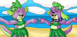 Size: 1172x566 | Tagged: safe, artist:mojo1985, spike, spike the regular dog, dog, equestria girls, beach, bra, clothes, doggy dragondox, flower, grass skirt, hula, summer