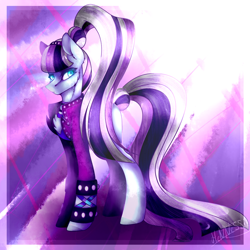 Size: 1024x1024 | Tagged: safe, artist:hennessieo, coloratura, earth pony, pony, bracelet, chest fluff, countess coloratura, jewelry, solo, spiked wristband, spotlight, wristband