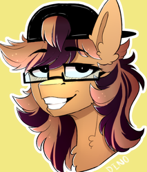 Size: 2480x2908 | Tagged: safe, artist:dino_horse, derpibooru import, oc, oc only, bust, chest fluff, clothes, commission, glasses, hat, looking at you, simple background, smiling, solo