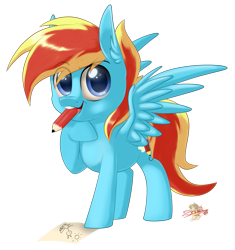 Size: 753x800 | Tagged: safe, artist:unisoleil, oc, oc only, oc:flamelight dash, pegasus, pony, chibi, male, mouth hold, pencil, simple background, solo, stallion, transparent background