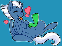 Size: 1241x929 | Tagged: safe, artist:/d/non, night glider, pegasus, pony, 30 minute art challenge, bellyrubs, blue background, disembodied hand, female, hand, heart, mare, on back, outline, simple background, solo, tongue out