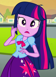 Size: 480x660 | Tagged: safe, screencap, twilight sparkle, twilight sparkle (alicorn), alicorn, equestria girls, rainbow rocks, clothes, cropped, house, skirt, solo