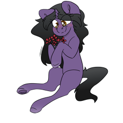 Size: 1280x1280 | Tagged: safe, artist:spoopygander, derpibooru import, oc, oc only, oc:rivibaes, pony, blushing, female, flower, full body, mare, simple background, sitting, solo, transparent background