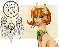 Size: 1024x815 | Tagged: safe, artist:ognevitsa, oc, oc only, pony, unicorn, curved horn, dreamcatcher, emerald, feather, female, freckles, green eyes, jewelry, mare, simple background, solo