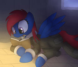 Size: 1400x1200 | Tagged: safe, artist:datte-before-dawn, derpibooru import, oc, oc only, oc:snap roll, pegasus, pony, fallout equestria, fallout equestria: frozen skies, clothes, diary, female, flight suit, mare, mouth hold, solo, writing