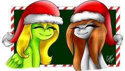 Size: 828x472 | Tagged: safe, artist:d-emonia, artist:jinx--minx, oc, oc only, hat, santa hat, smiling