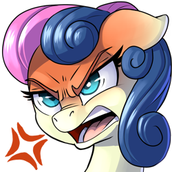 Size: 900x900 | Tagged: safe, artist:pusspuss, derpibooru import, bon bon, sweetie drops, earth pony, pony, angry, bon bon is not amused, bust, cross-popping veins, female, floppy ears, mare, patreon, patreon logo, portrait, reaction image, simple background, solo, transparent background, unamused