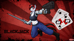 Size: 1440x806 | Tagged: safe, artist:wwredgrave, oc, oc only, oc:blackjack, anthro, unicorn, fallout equestria, fallout equestria: project horizons, abs, amputee, anthro oc, boots, breasts, cleavage, clothes, female, gun, handgun, looking at you, mare, pants, pistol, prosthetic arm, prosthetic limb, prosthetics, smiling, solo, sword, tanktop, weapon