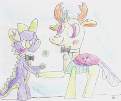 Size: 1691x1414 | Tagged: safe, artist:ptitemouette, spike, thorax, changedling, changeling, dragon, bowtie, gay, king thorax, male, marriage, shipping, thoraxspike, traditional art, wedding