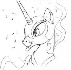 Size: 1280x1261 | Tagged: safe, artist:arrjaysketch, derpibooru import, nightmare moon, pony, :p, head shot, monochrome, profile, silly, sketch, tongue out