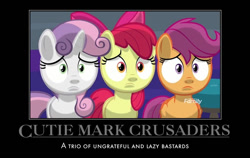 Size: 659x416 | Tagged: safe, derpibooru import, edit, edited screencap, screencap, apple bloom, scootaloo, sweetie belle, marks for effort, abuse, applebuse, caption, cutie mark crusaders, demotivation, demotivational poster, discovery family logo, downvote bait, meme, op is a cuck, op is trying to start shit, op is wrong, scootabuse, spotlight, sweetiebuse, vulgar