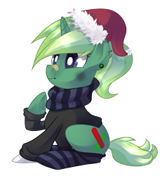 Size: 1838x1928 | Tagged: safe, artist:drawntildawn, oc, oc only, oc:donutnerd, pony, unicorn, clothes, ear piercing, hat, piercing, santa hat, simple background, socks, solo, striped socks, transparent background