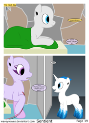 Size: 3840x5280 | Tagged: safe, artist:waveywaves, derpibooru import, oc, oc only, oc:clockwork, oc:joule, oc:perry, pony, robot, robot pony, comic:sentient, comic, speech bubble