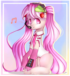 Size: 1567x1693 | Tagged: safe, artist:clefficia, oc, oc only, pony, clothes, colored pupils, cute, gradient background, hatsune miku, headset, music notes, ponified, raised hoof, sitting, solo