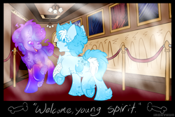 Size: 2539x1700 | Tagged: safe, artist:iroxykun, oc, oc only, oc:firelight, oc:ghost host, pony, unicorn, art gallery, cutie mark, horn, indoors, male, text, theater