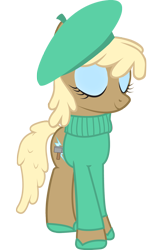 Size: 1000x1641 | Tagged: safe, artist:cool77778, derpibooru import, mjölna, earth pony, pony, beatnik rarity, beret, clothes, eyes closed, eyeshadow, female, hat, makeup, mare, shoes, simple background, smiling, solo, sweater, transparent background, turtleneck