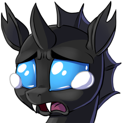 Size: 900x900 | Tagged: safe, artist:pusspuss, derpibooru import, changeling, adorable distress, bust, crying, cute, cuteling, daaaaaaaaaaaw, fangs, frown, looking at you, male, open mouth, patreon, patreon logo, portrait, reaction image, sad, simple background, solo, teary eyes, transparent background