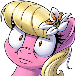 Size: 900x900 | Tagged: safe, artist:pusspuss, derpibooru import, lily, lily valley, earth pony, pony, bust, female, mare, patreon, patreon logo, portrait, reaction image, shocked, shrunken pupils, simple background, solo, transparent background