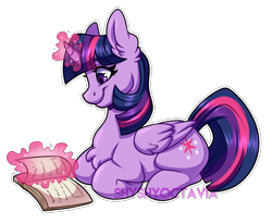 Size: 3483x2871 | Tagged: safe, artist:shyshyoctavia, derpibooru import, twilight sparkle, twilight sparkle (alicorn), alicorn, pony, adorkable, book, cute, dork, female, mare, ponyloaf, reading, simple background, smiling, solo, that pony sure does love books, transparent background, twiabetes, watermark