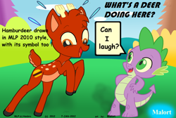 Size: 900x605 | Tagged: safe, artist:malortcomics785, derpibooru import, spike, oc, oc:hamburdeer, deer, dragon, deer oc, dialogue, signature