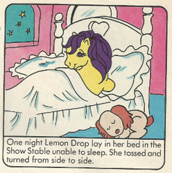 Size: 304x306 | Tagged: safe, derpibooru import, lemon drop, dog, comic:my little pony (g1), g1, bed, brandy, coloring error, indoors, insomnia, night, official, official comic, one moonlit night, pet, show stable, sleeping