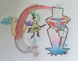 Size: 3120x2417 | Tagged: safe, artist:prinrue, derpibooru import, discord, bill cipher, clothes, count bleck, crossover, gloves, gravity falls, hat, super paper mario, traditional art