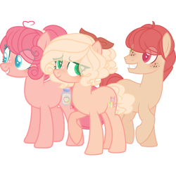 Size: 1000x1000 | Tagged: safe, artist:robbieierubino, derpibooru import, oc, oc only, oc:apple marmalade, oc:apple sweets, oc:bright apple, earth pony, pony, colored pupils, female, magical lesbian spawn, male, mare, offspring, parent:applejack, parent:pinkie pie, parents:applepie, simple background, stallion, transparent background