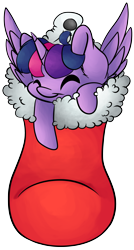 Size: 1862x3482 | Tagged: safe, artist:cutepencilcase, twilight sparkle, twilight sparkle (alicorn), alicorn, pony, christmas stocking, commission, cute, eyes closed, silly, silly pony, smiling, solo, twiabetes, ych result