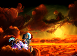 Size: 2798x2020 | Tagged: safe, artist:iroxykun, oc, oc only, oc:frozen soul, oc:greased lightning, pegasus, pony, cloud, couple, detailed background, duo, eyes closed, gay, love, male, oc x oc, shipping, sleeping, sunset, wings