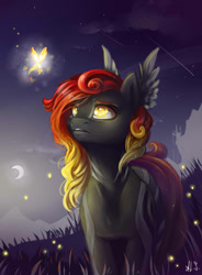 Size: 1400x1900 | Tagged: safe, artist:alina-sherl, oc, oc only, firefly (insect), pegasus, pony, canterlot, crescent moon, female, golden eyes, gradient mane, grass, mare, moon, night, signature, silhouette, solo