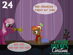 Size: 1024x768 | Tagged: safe, artist:bronybyexception, button mash, cheerilee, earth pony, pony, a charlie brown christmas, advent calendar, blanket, bugle, bugle mistaken for a trumpet, charlie brown, christmas, christmas tree, clothes, colt, dialogue, female, hearth's warming eve, linus van pelt, male, mare, musical instrument, peanuts, puffy cheeks, scarf, stage, tree, trumpet