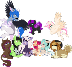 Size: 3829x3602 | Tagged: safe, artist:sweethearttarot, derpibooru import, oc, oc only, changeling, draconequus, pegasus, pony, unicorn, wolf pony, beanie, changeling oc, collar, cutie mark, dab, disney, draconequus oc, facial hair, hat, laughing, moustache, piercing, rastafari, simple background, smiling, tongue out, transparent background