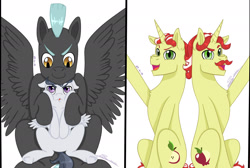 Size: 1786x1200 | Tagged: safe, artist:tejedora, flam, flim, rumble, thunderlane, pony, brothers, flim flam brothers, floppy ears, hug, siblings, simple background, tongue out, unamused