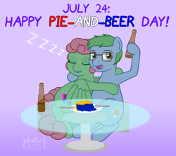 Size: 1352x1202 | Tagged: safe, artist:phallen1, derpibooru import, oc, oc only, oc:software patch, oc:windcatcher, alcohol, atg 2018, beer, cheers, crumbs, drunk, food, fork, gradient background, holiday, hug, newbie artist training grounds, pie, pun, simple background, sitting, sleeping, table, windpatch