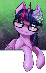 Size: 900x1431 | Tagged: safe, artist:thasase1002, twilight sparkle, twilight sparkle (alicorn), alicorn, pony, chest fluff, cute, female, flower, flower in hair, glasses, mare, smiling, solo, starry eyes, twiabetes, wingding eyes