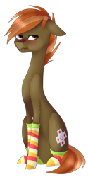 Size: 1273x2537 | Tagged: safe, artist:sychia, button mash, earth pony, pony, bad anatomy, blushing, clothes, embarrassed, male, missing accessory, older, simple background, socks, solo, stallion, striped socks, transparent background