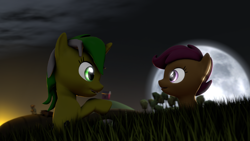 Size: 1920x1080 | Tagged: safe, artist:wiizzie, scootaloo, oc, oc:angel hope, pony, unicorn, 3d, grass, moon, night