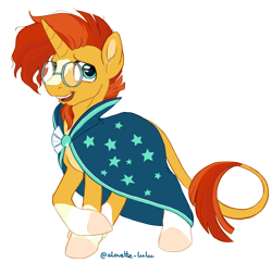 Size: 3688x3557 | Tagged: safe, artist:alouette-lulu, derpibooru import, sunburst, pony, unicorn, beard, cloak, clothes, crossed legs, facial hair, glasses, horn, leonine tail, male, simple background, smiling, solo, stallion, transparent background