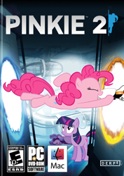 Size: 602x850 | Tagged: safe, artist:nickyv917, derpibooru import, pinkie pie, twilight sparkle, earth pony, pony, cover, parody, portal, portal (valve), portal 2, portal gun, xbox 360