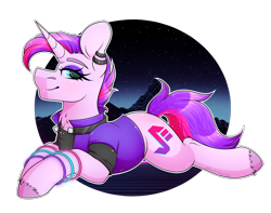 Size: 2533x1991 | Tagged: safe, artist:black-magic101, derpibooru import, oc, oc only, oc:synthwave, pony, clothes, ear piercing, earring, female, glowstick, hooves together, jacket, jewelry, looking at you, lying down, mare, piercing, simple background, smiling, synthwave, transparent background, unshorn fetlocks