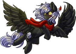 Size: 1662x1178 | Tagged: safe, alternate version, artist:jazzerix, oc, oc only, oc:cloudy night, pegasus, pony, clothes, feather, female, flying, gift art, golden eyes, mare, scarf, simple background, solo, spread wings, transparent background, unshorn fetlocks