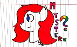 Size: 2940x1812 | Tagged: safe, artist:superdavid2011, derpibooru import, oc, oc only, oc:mystery, pony, blue eyes, bust, female, lined paper, mare, question mark, rainbow colors, red mane, signature, solo, traditional art